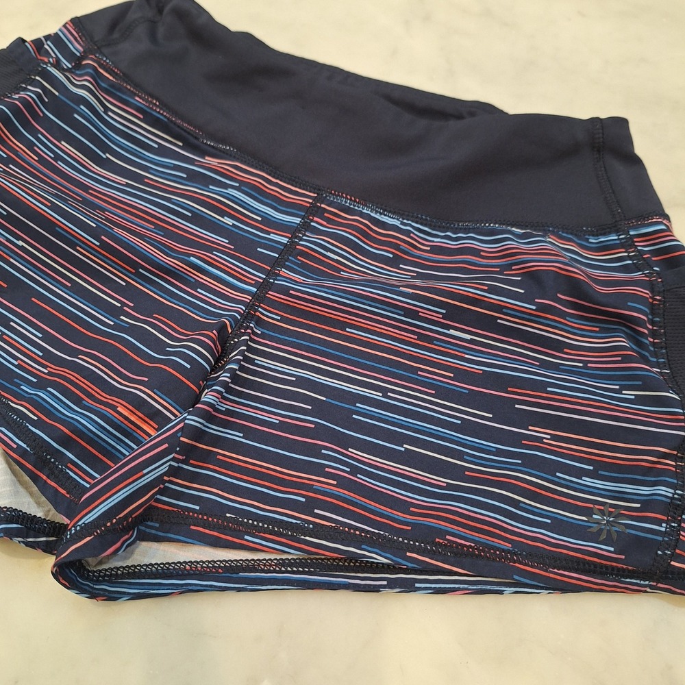 Athleta Running Shorts Women XS Navy Multi Stripe Mesh Pocket Athletic Gym Yoga